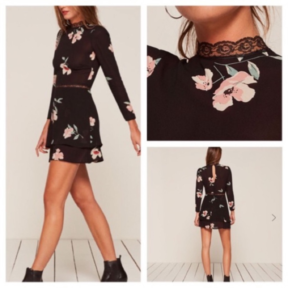 Reformation Black Floral Print Mini Dress - Picture 1 of 10